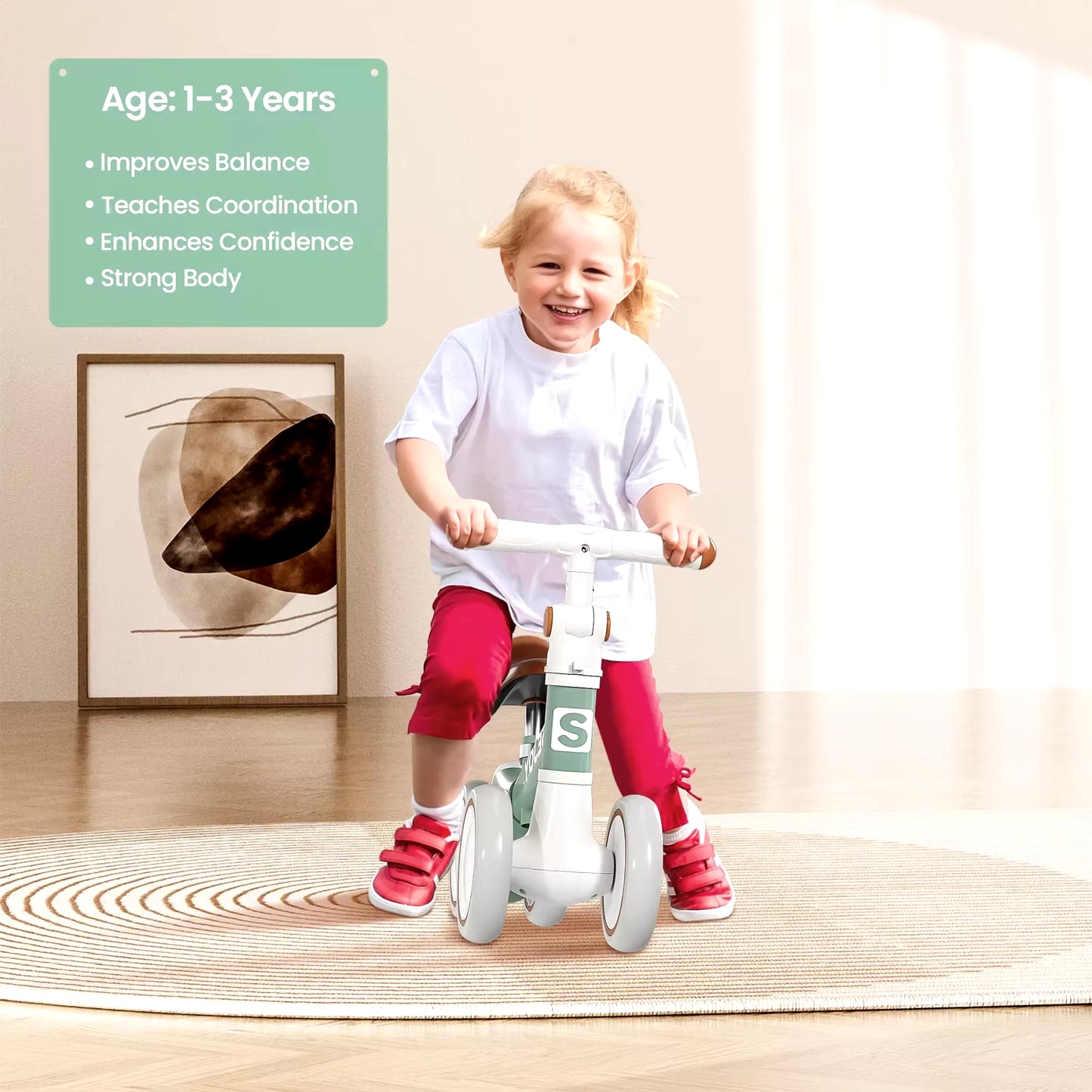 SEJOY Toddler Balance Bike with Four Wheels - Ideal Walker Bicycle Toy for Ages 1-3, Available in Three Colors, Perfect Birthday Gift for Boys and Girls