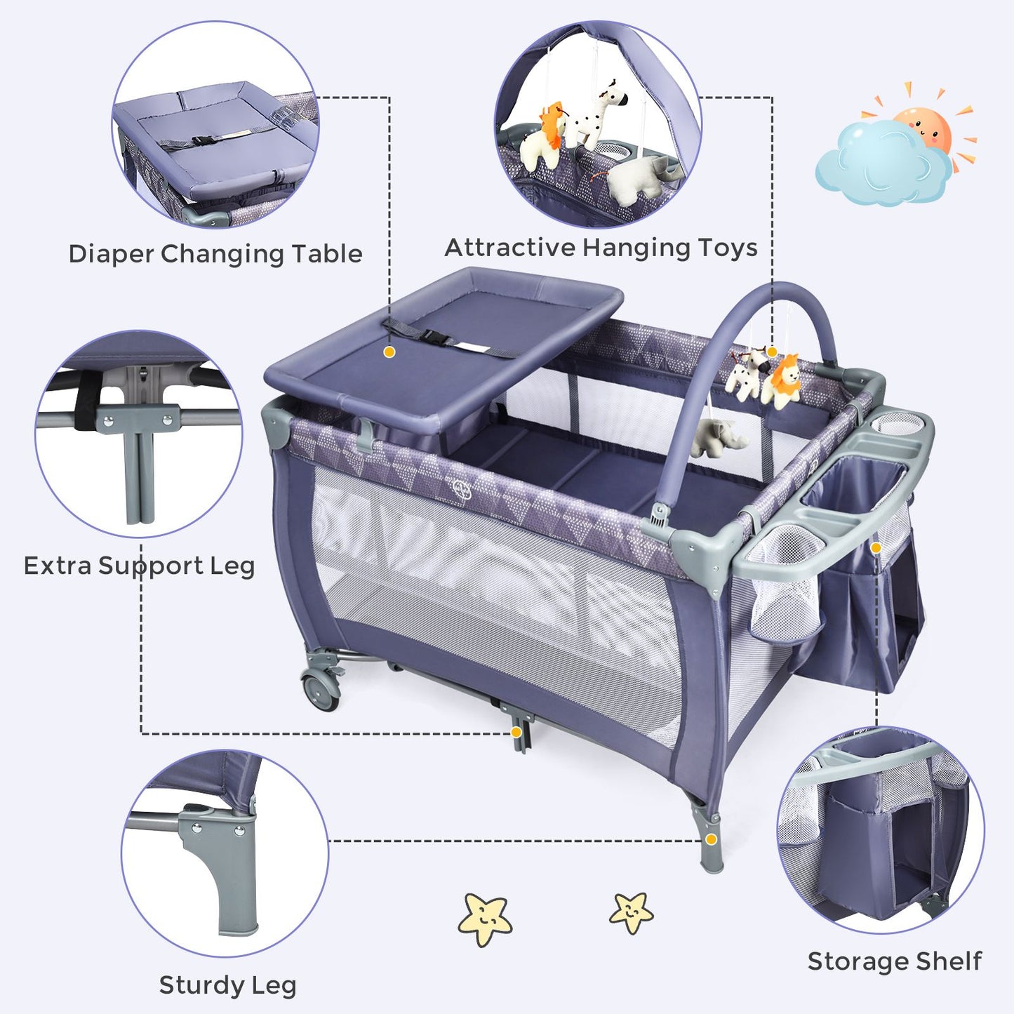 3 in 1 Convertible Bassinet Cot with Changing Table and Toy Bar