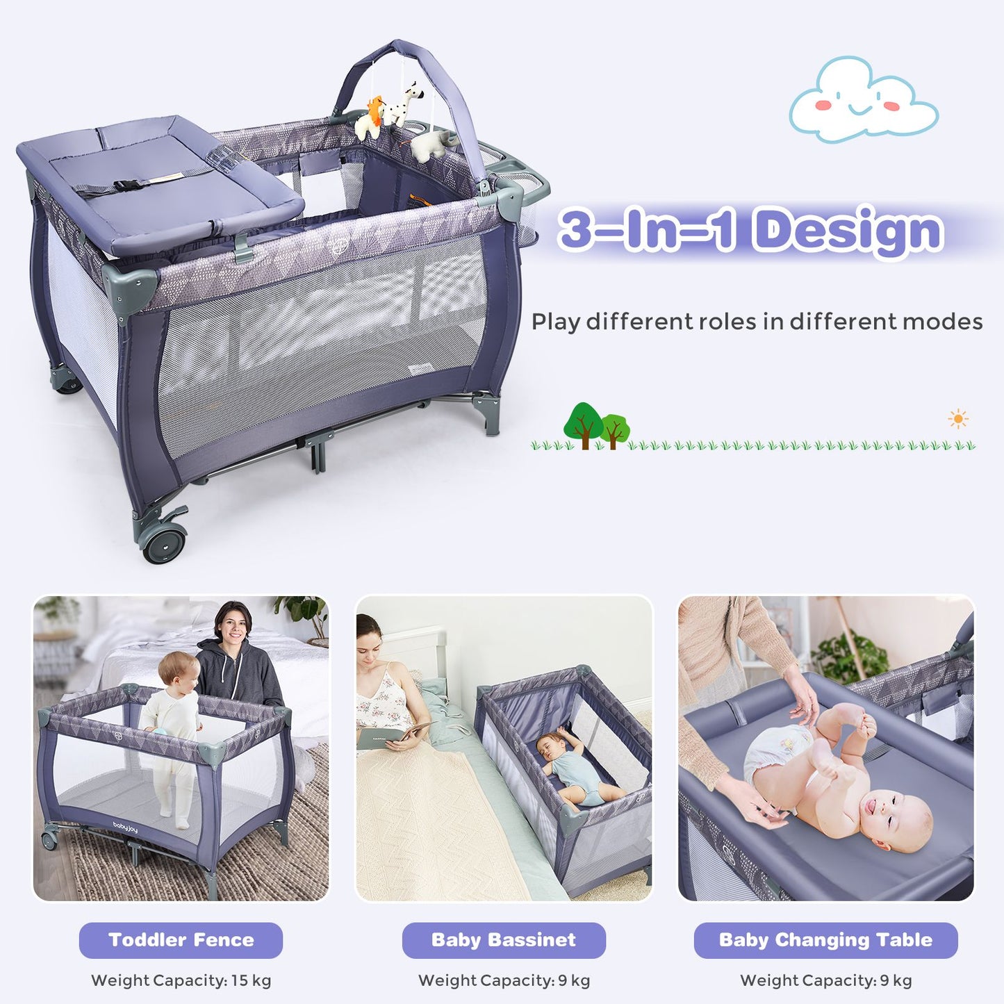 3 in 1 Convertible Bassinet Cot with Changing Table and Toy Bar