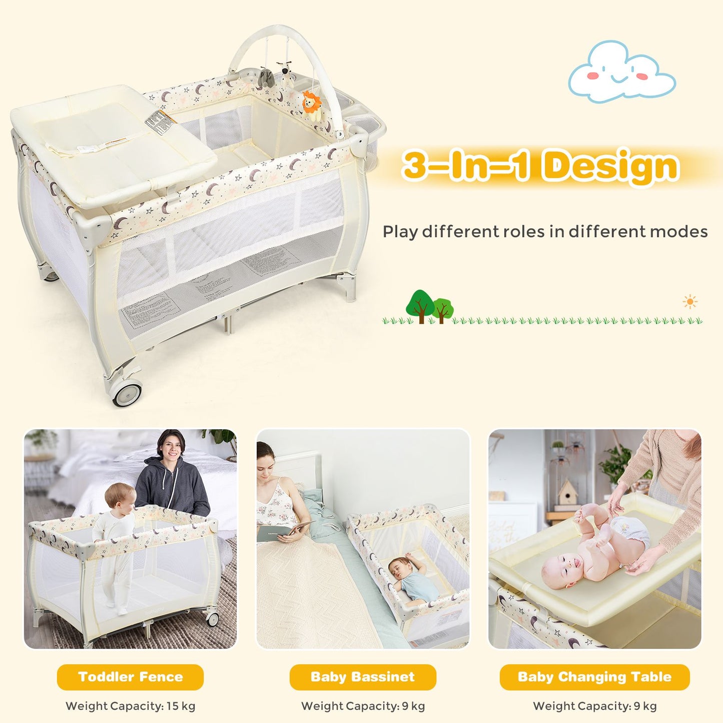 3 in 1 Convertible Bassinet Cot with Changing Table and Toy Bar