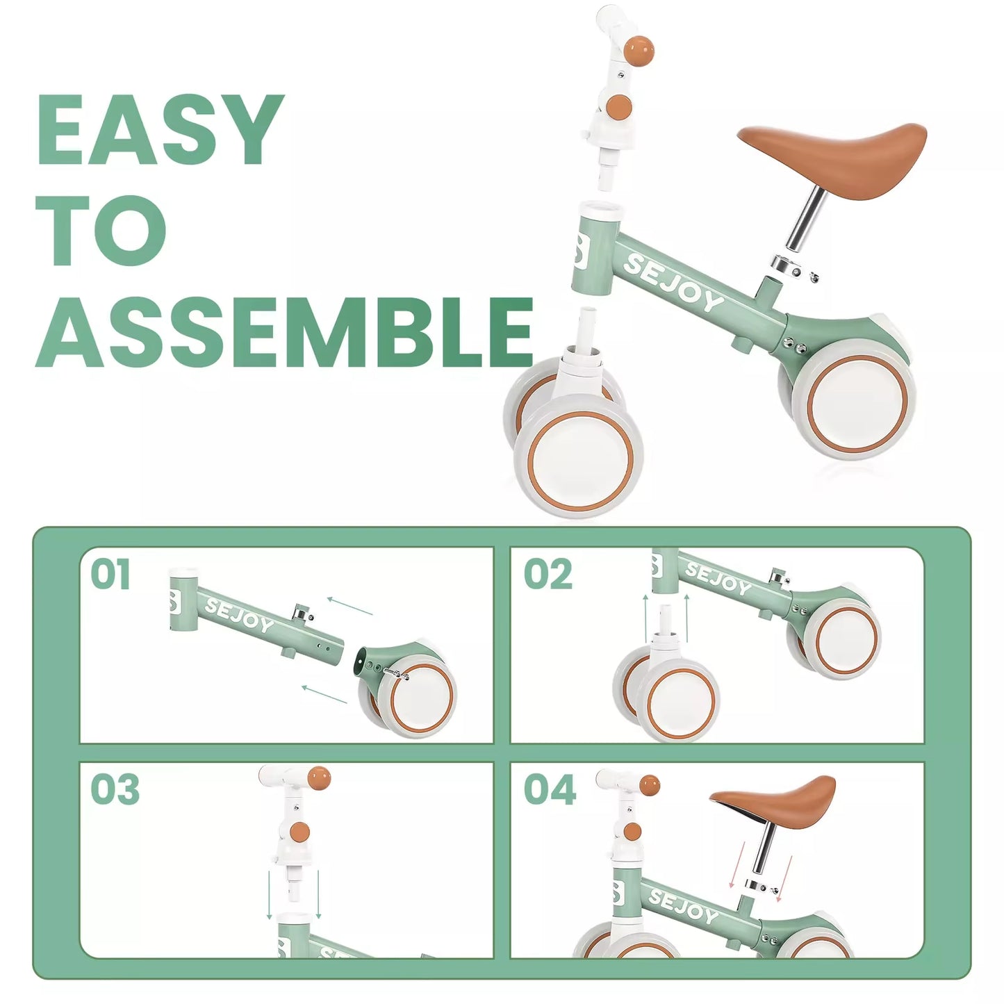 SEJOY Toddler Balance Bike with Four Wheels - Ideal Walker Bicycle Toy for Ages 1-3, Available in Three Colors, Perfect Birthday Gift for Boys and Girls