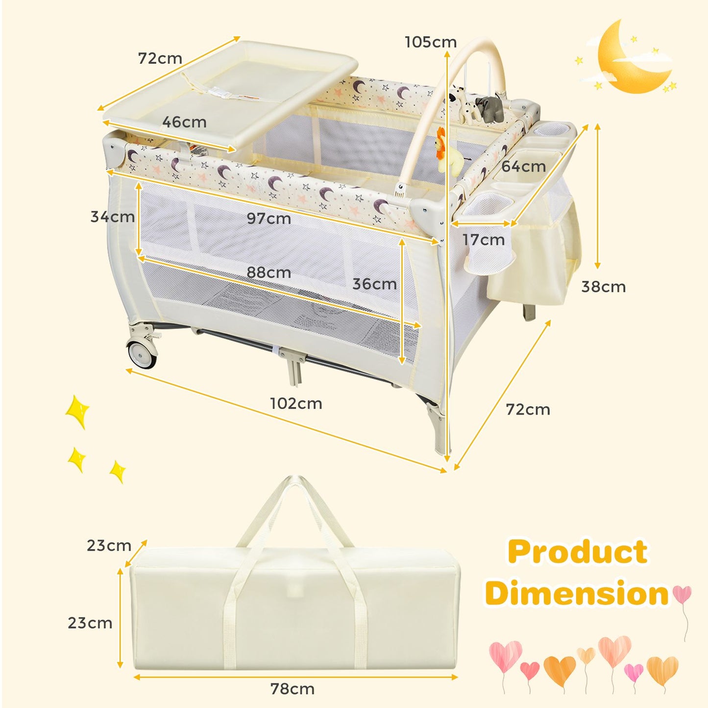 3 in 1 Convertible Bassinet Cot with Changing Table and Toy Bar