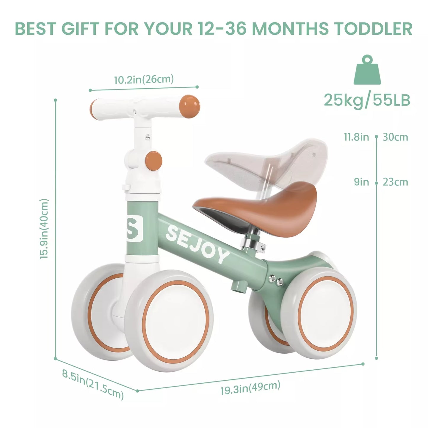 SEJOY Toddler Balance Bike with Four Wheels - Ideal Walker Bicycle Toy for Ages 1-3, Available in Three Colors, Perfect Birthday Gift for Boys and Girls