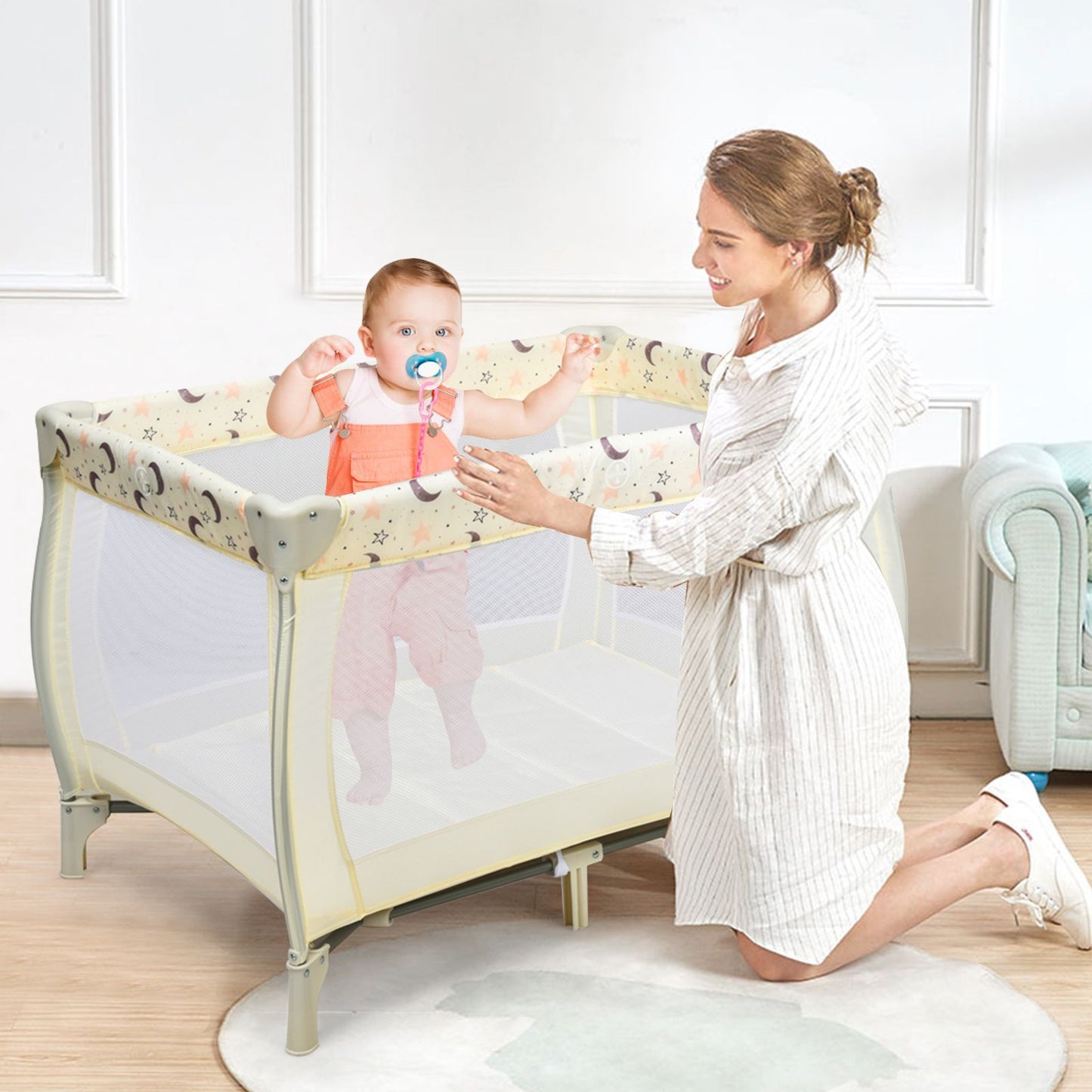 3 in 1 Convertible Bassinet Cot with Changing Table and Toy Bar