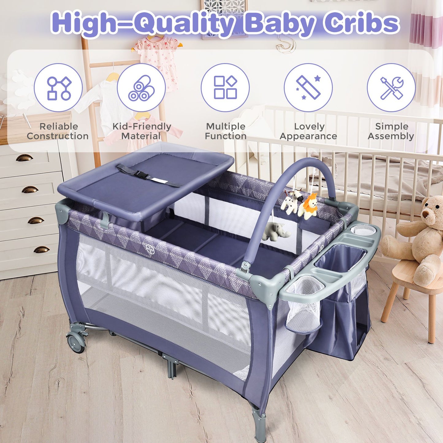 3 in 1 Convertible Bassinet Cot with Changing Table and Toy Bar