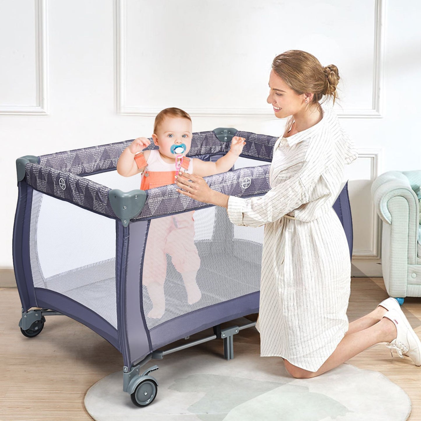3 in 1 Convertible Bassinet Cot with Changing Table and Toy Bar