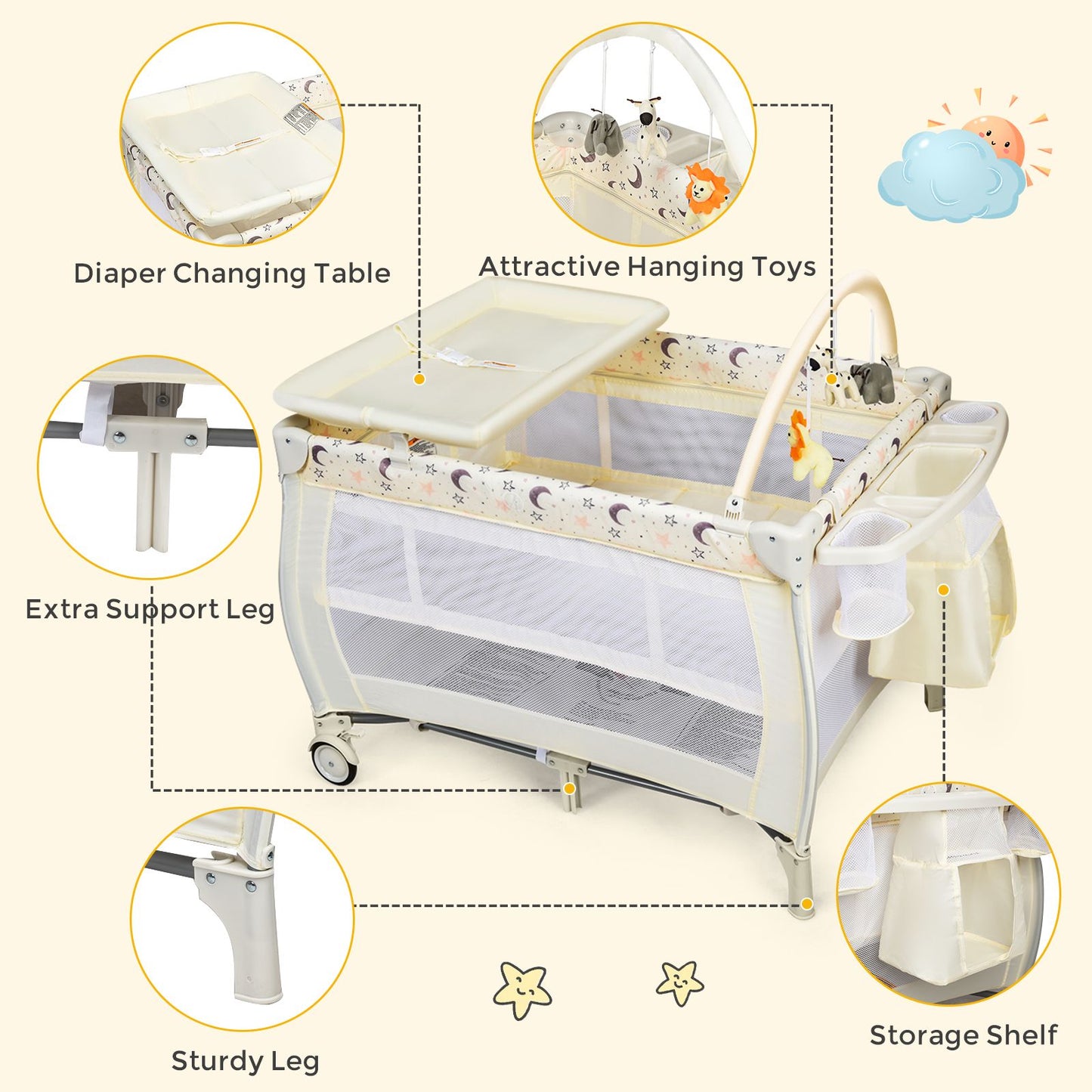 3 in 1 Convertible Bassinet Cot with Changing Table and Toy Bar