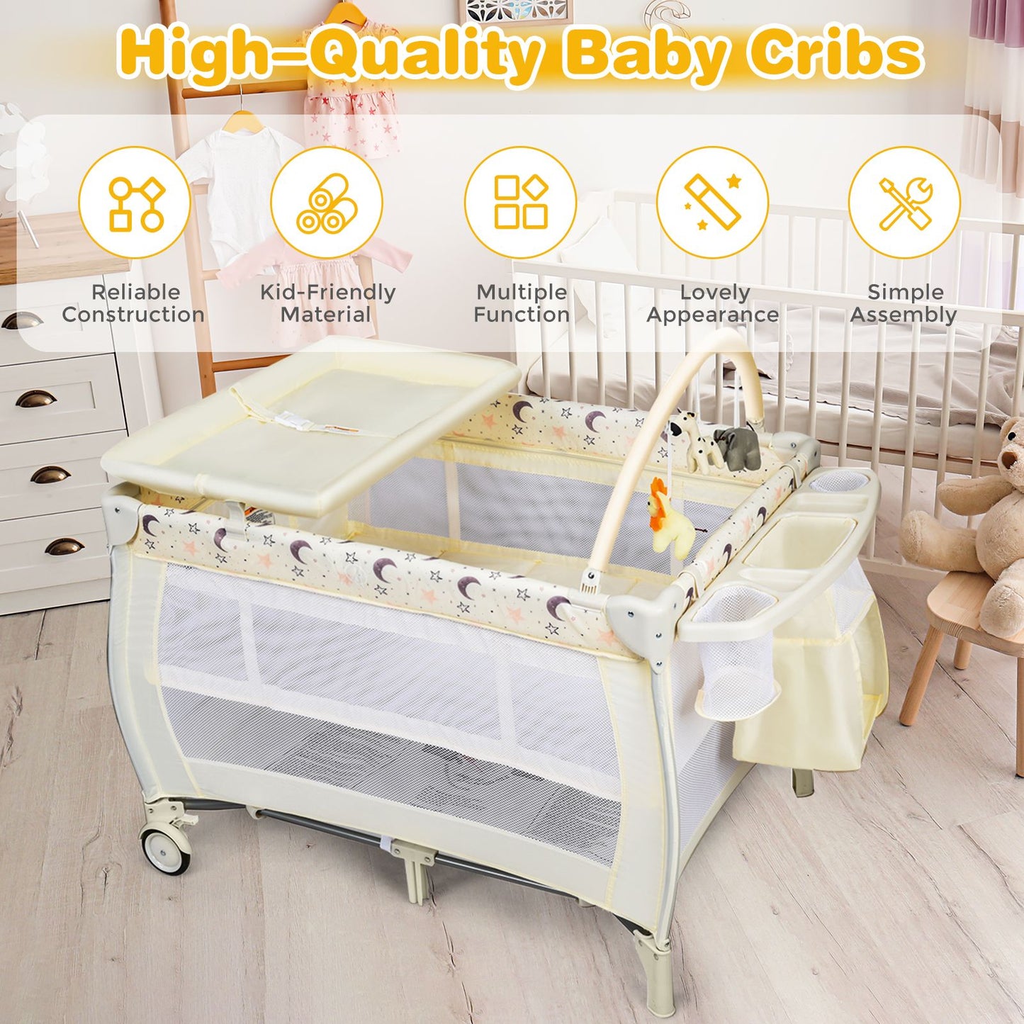 3 in 1 Convertible Bassinet Cot with Changing Table and Toy Bar